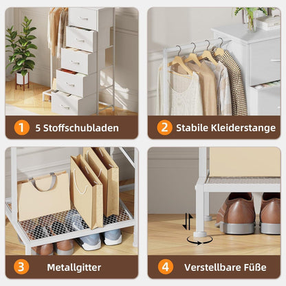 Kommode mit 5 Schubladen & Kleiderstange – Weiß