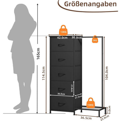 Stoffkommode mit Kleiderstange & 5 Schubladen – Schwarz