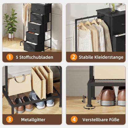 Stoffkommode mit Kleiderstange & 5 Schubladen – Schwarz
