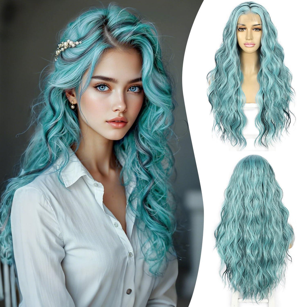 Blaue Highlights Wellige Lace Front Perücke – 24 Zoll Synthetik