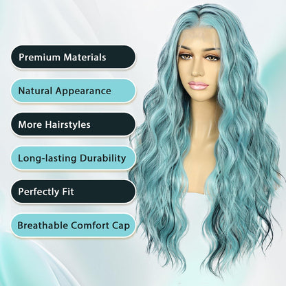Blaue Highlights Wellige Lace Front Perücke – 24 Zoll Synthetik