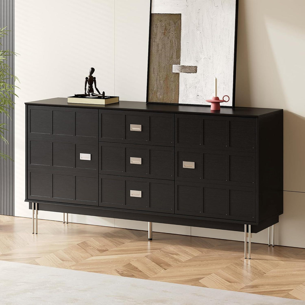 Schwarzes Sideboard mit 3 Schubladen & 2 Türen – 160cm
