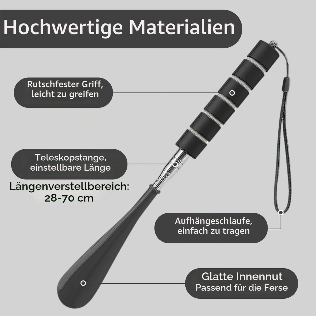 Teleskopischer Schuhlöffel Edelstahl 30-70cm mit rutschfestem Griff