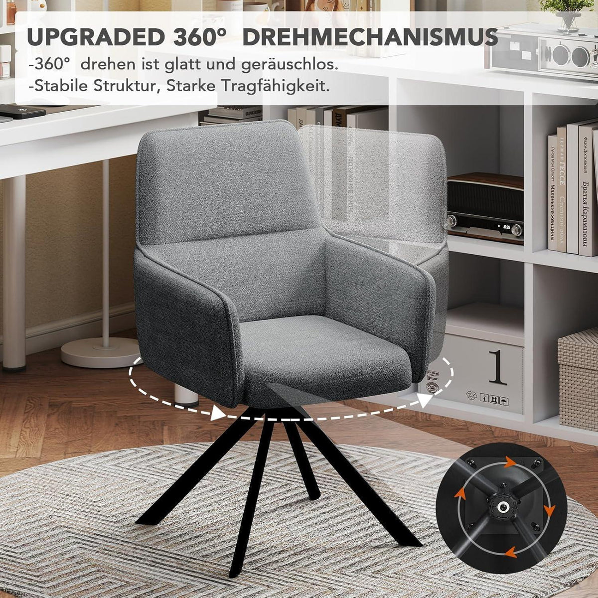 Drehbarer Esszimmerstuhl Set 6x mit Armlehne & Chenille Bezug
