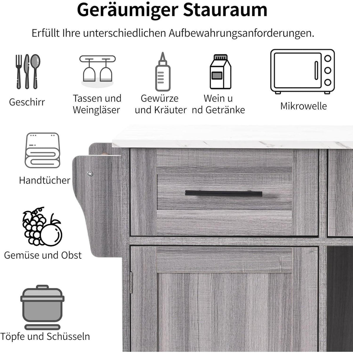 Küchenwagen mit Rollen & Klappplatte – Grau 139x46x91,5cm