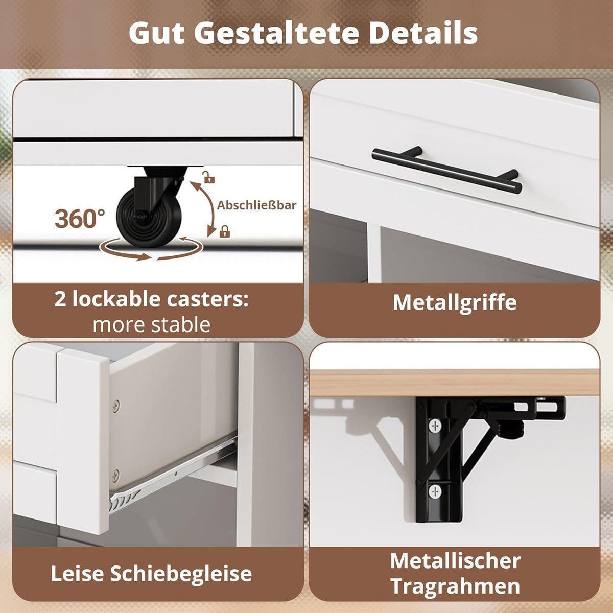 Küchenwagen mit Klappplatte & Schubladen – Mobile Kücheninsel White