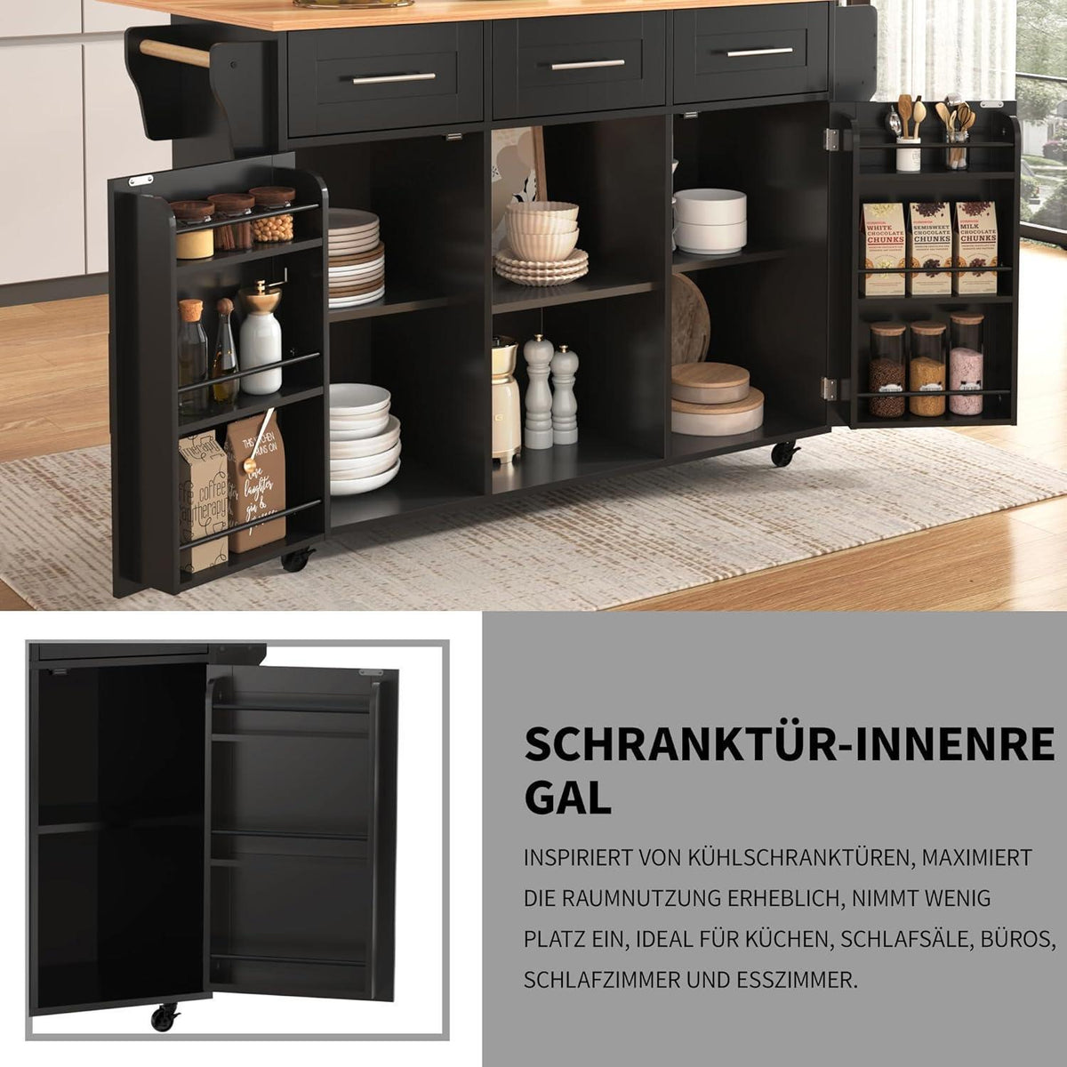 Küchenwagen mit Rollen & Klappplatte – Schwarz & Natural