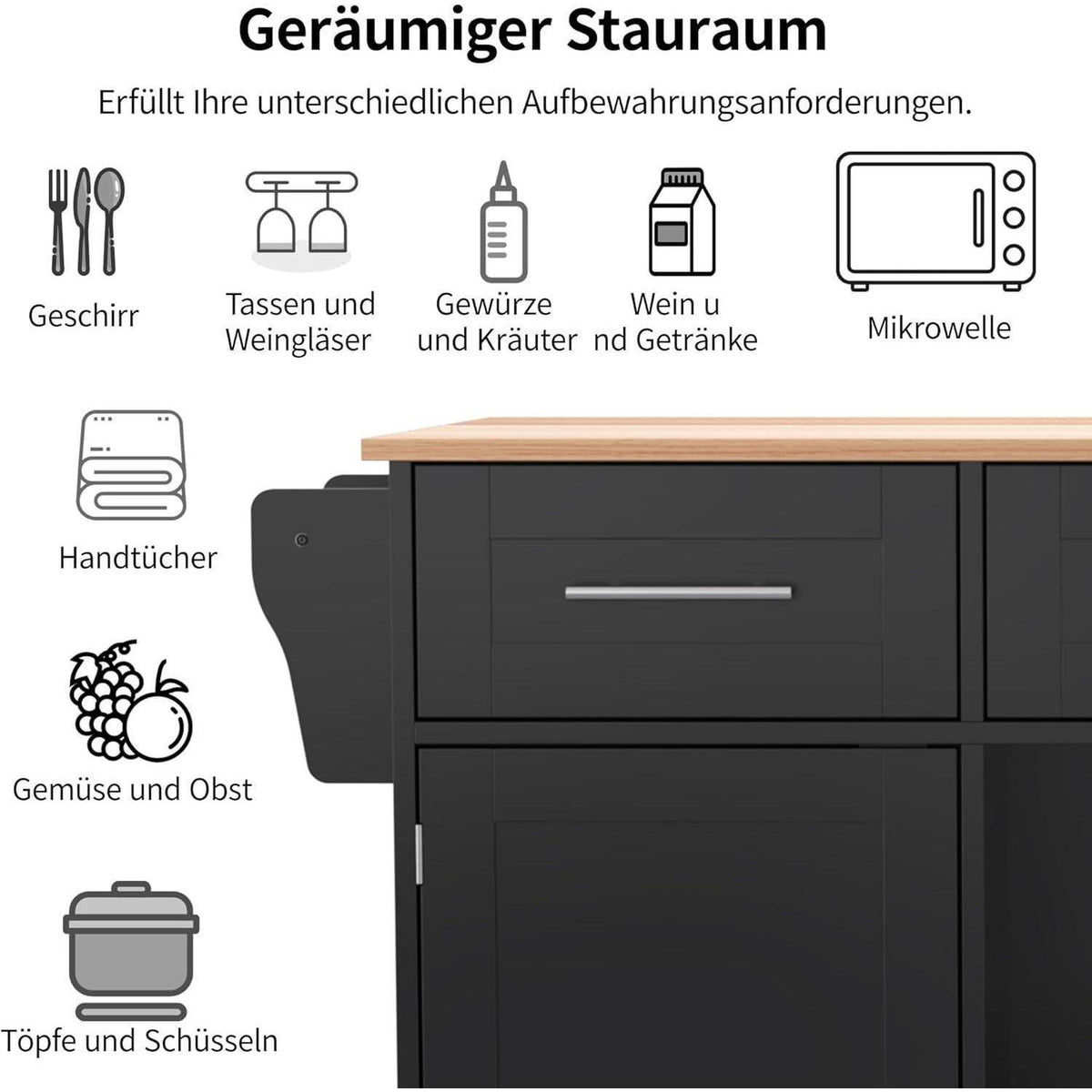 Küchenwagen mit Rollen & Klappplatte – Schwarz & Natural