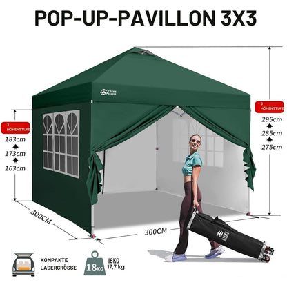 3x3m Faltpavillon wasserdicht mit Seitenwänden & UV-Schutz