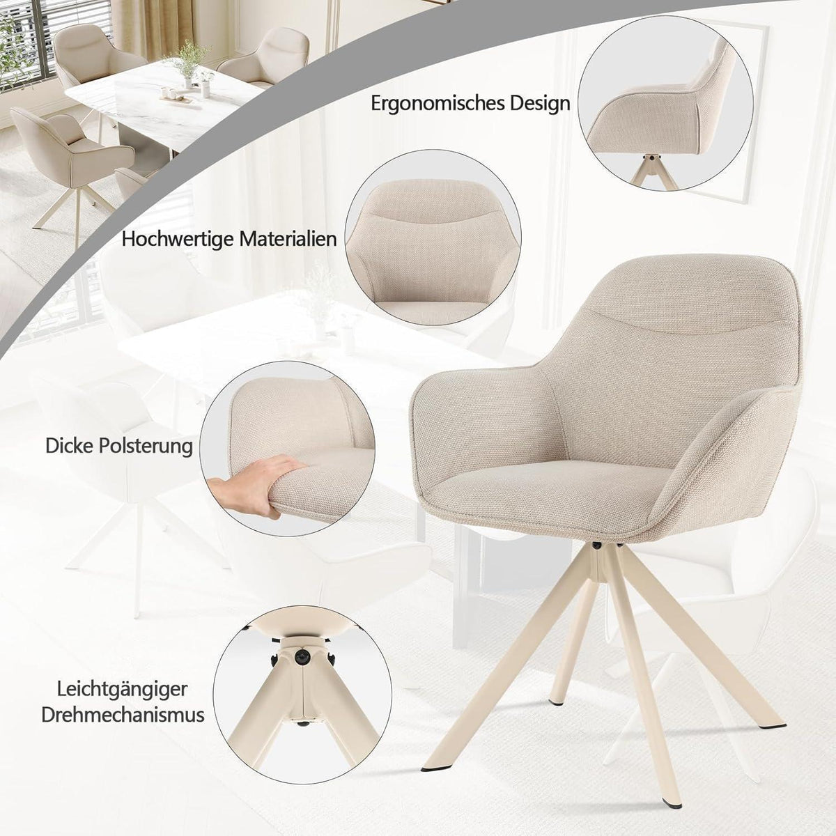Esszimmerstuhl Beige mit Armlehnen – 6er Set Drehstuhl