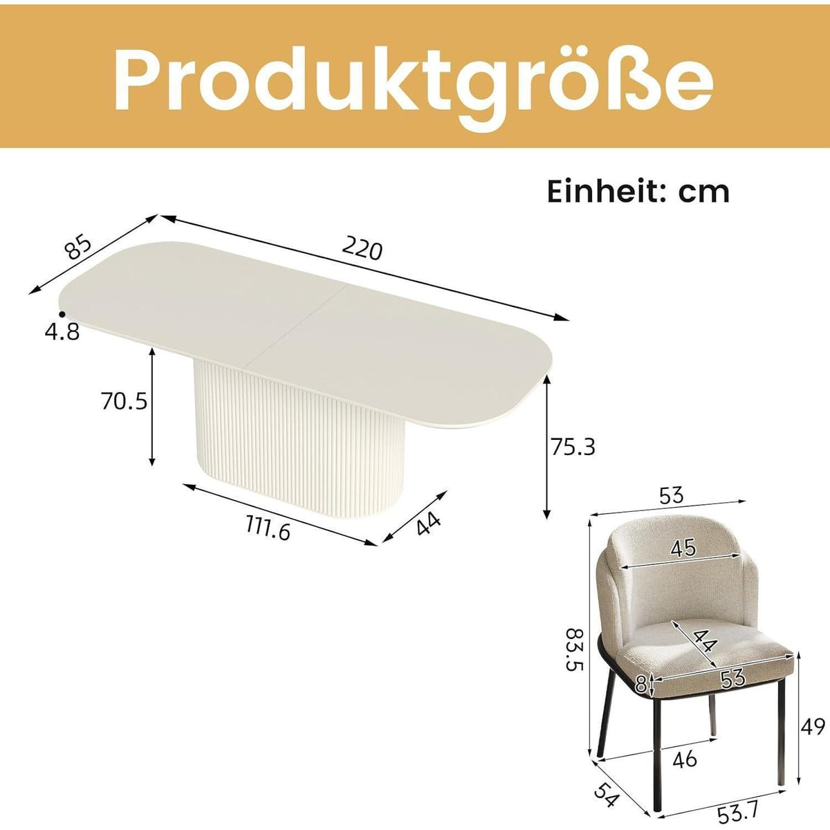Esszimmertisch Set Weiß mit 8 Stoffstühlen, Skandinavisches Design