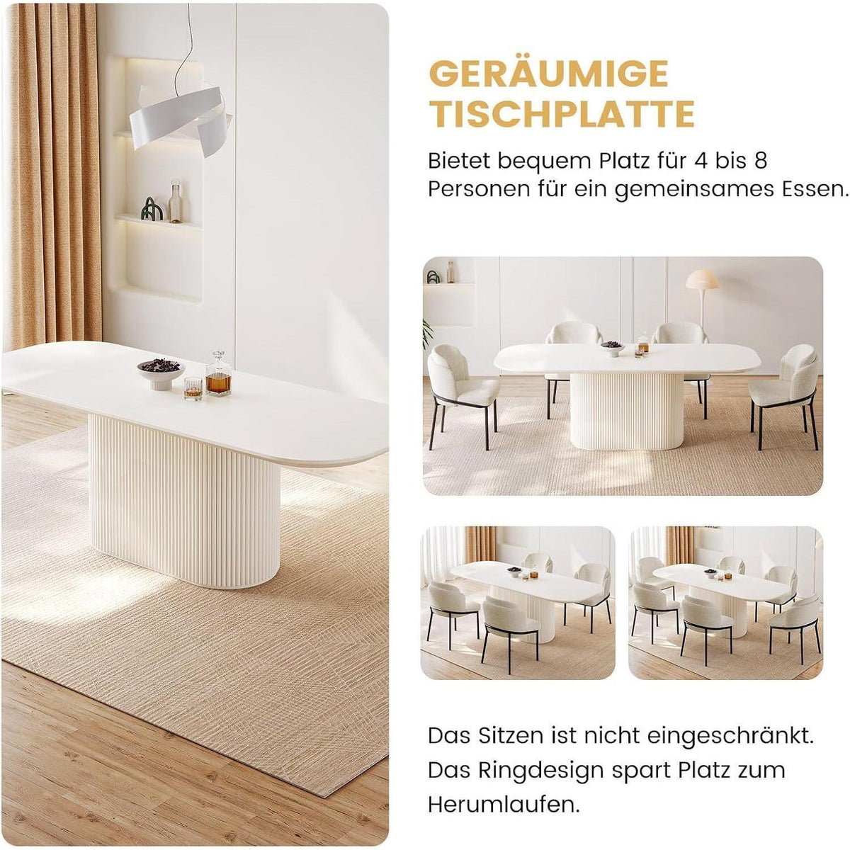 Esszimmertisch Set Weiß mit 8 Stoffstühlen, Skandinavisches Design