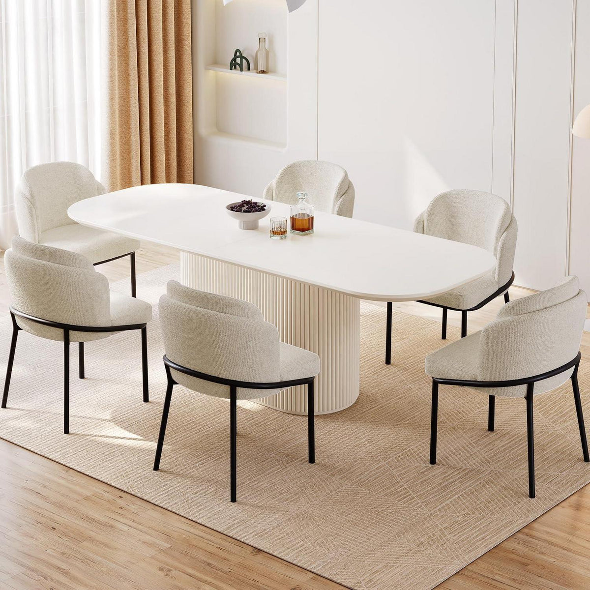 Esszimmertisch Set Weiß 220cm mit 6 Stoffstühlen – Skandinavisch Modern