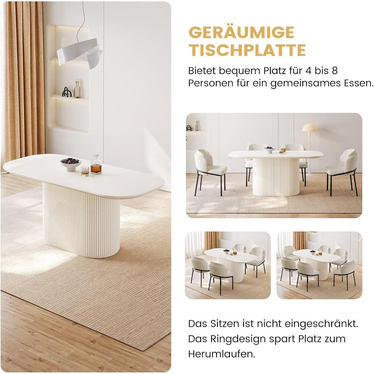 Esszimmertisch Set Weiß mit 4 Stoffstühlen, Skandinavisches Design