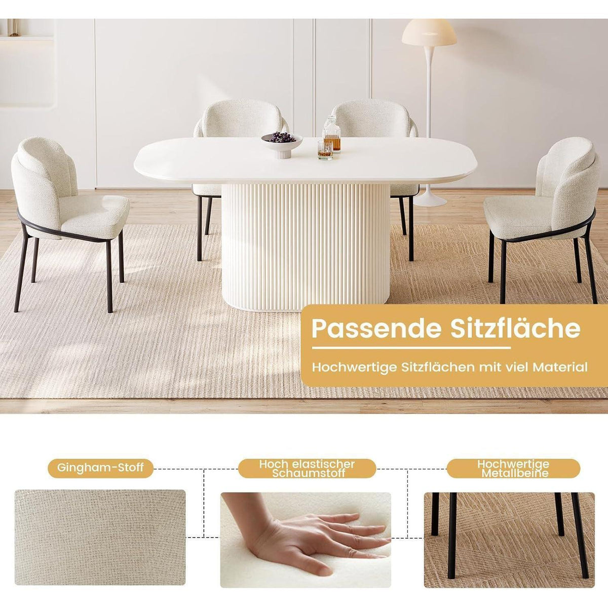 Esszimmertisch Set Weiß mit 4 Stoffstühlen, Skandinavisches Design