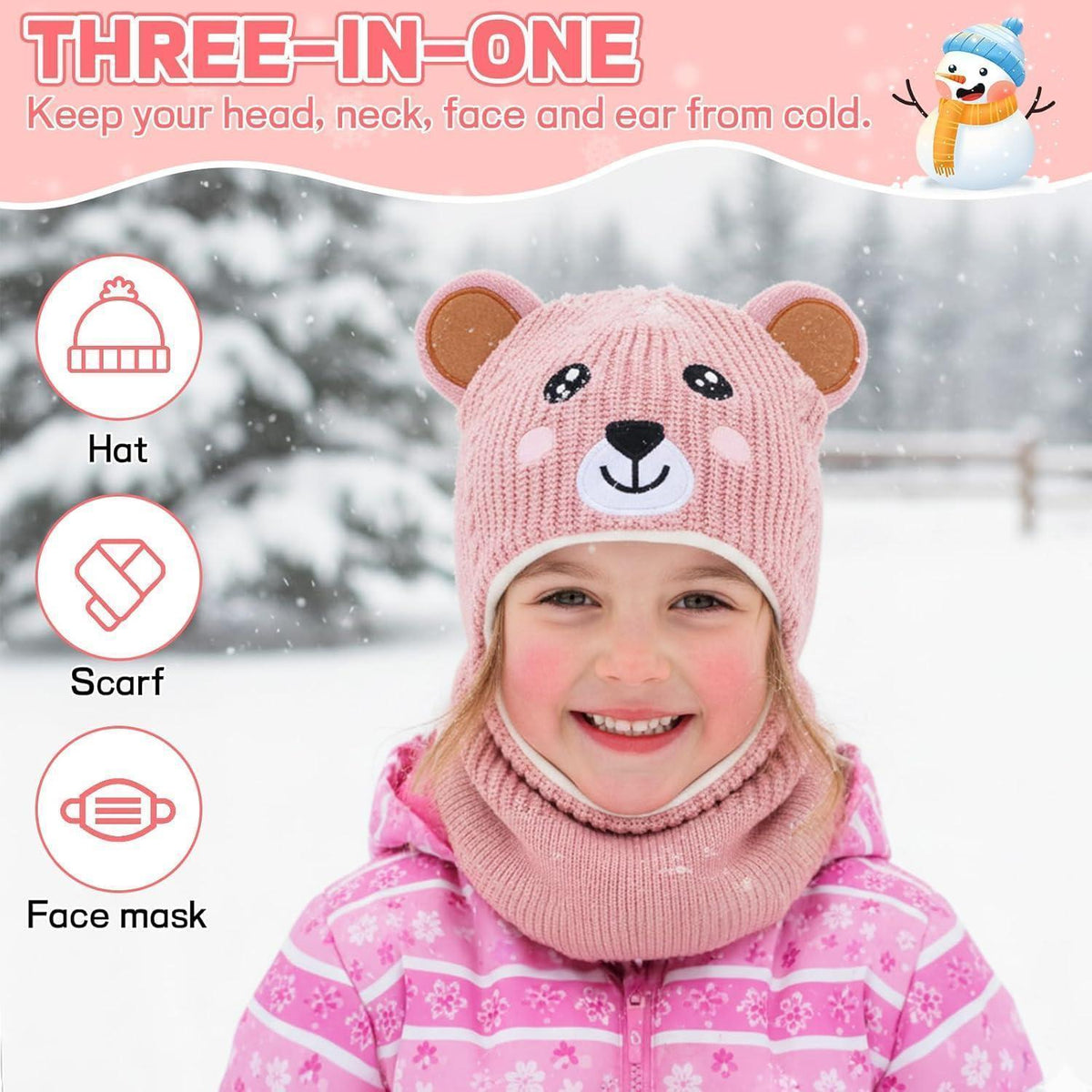 Wintermütze Kinder Mädchen Jungen mit Kapuze & Ohrenschützer Rosa