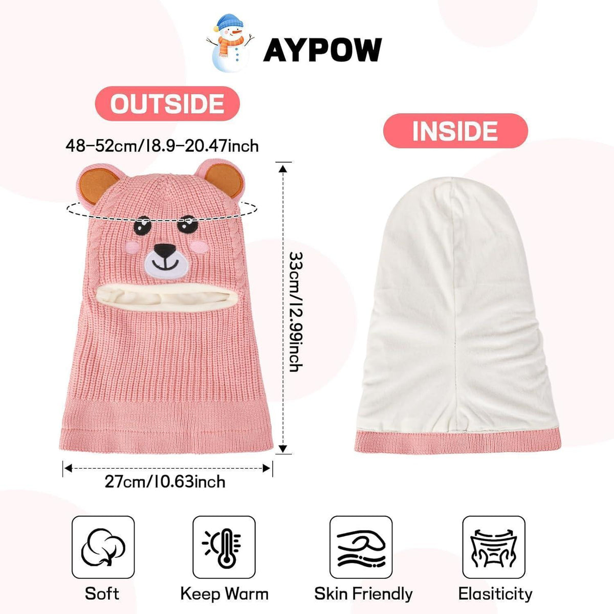 Wintermütze Kinder Mädchen Jungen mit Kapuze & Ohrenschützer Rosa