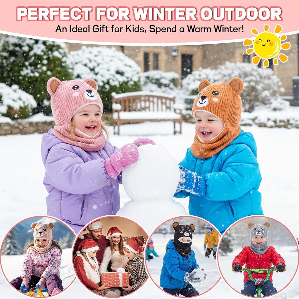 Wintermütze Kinder Mädchen Jungen mit Kapuze & Ohrenschützer Rosa