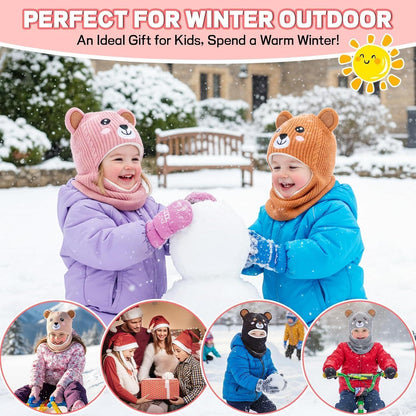Wintermütze Kinder Mädchen Jungen mit Kapuze & Ohrenschützer Rosa