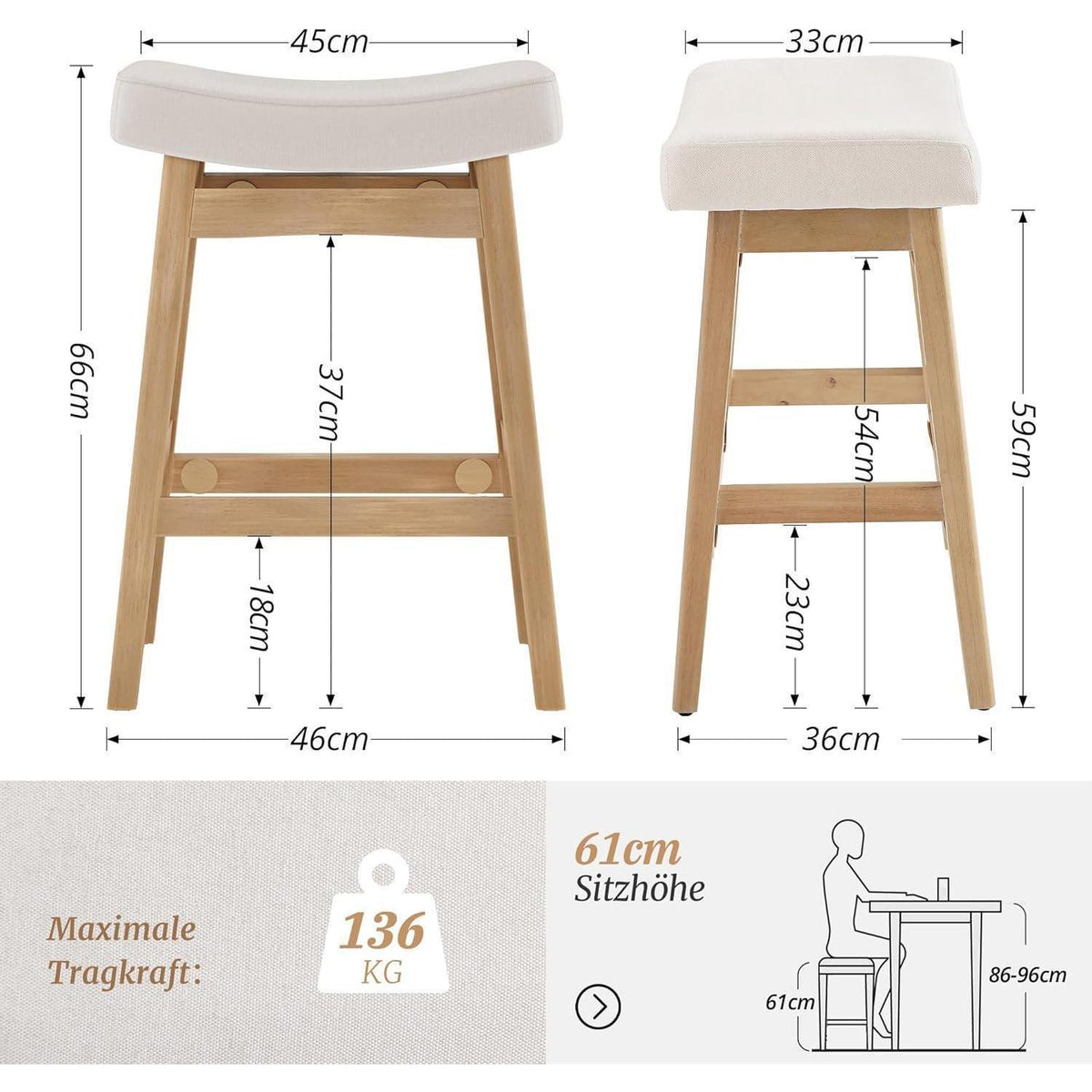Barhocker Set 3er Beige – 61cm, Stoff Sitzfläche & Fußstütze