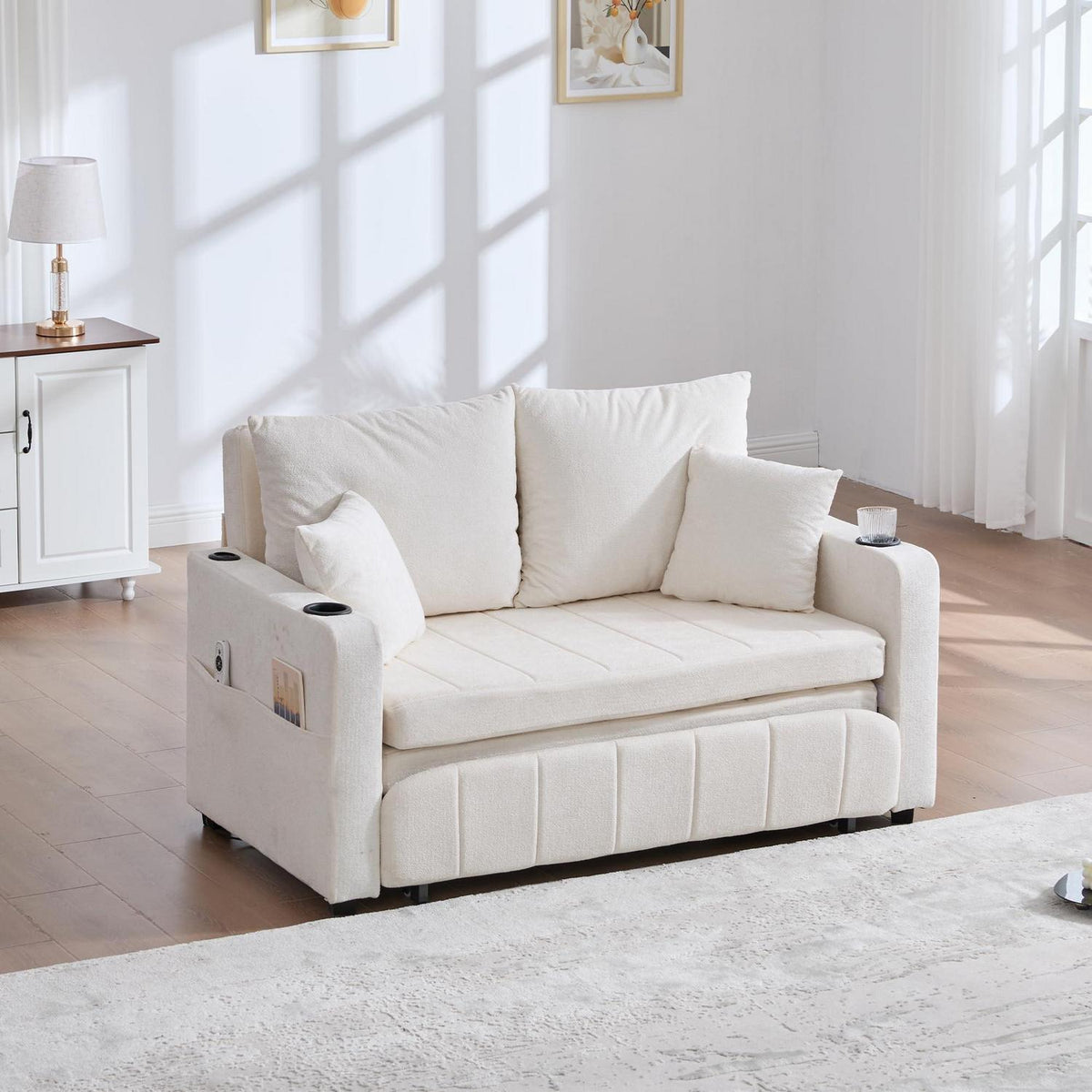 Zweisitzer Sofa mit Schlaffunktion & Aufbewahrung, Beige