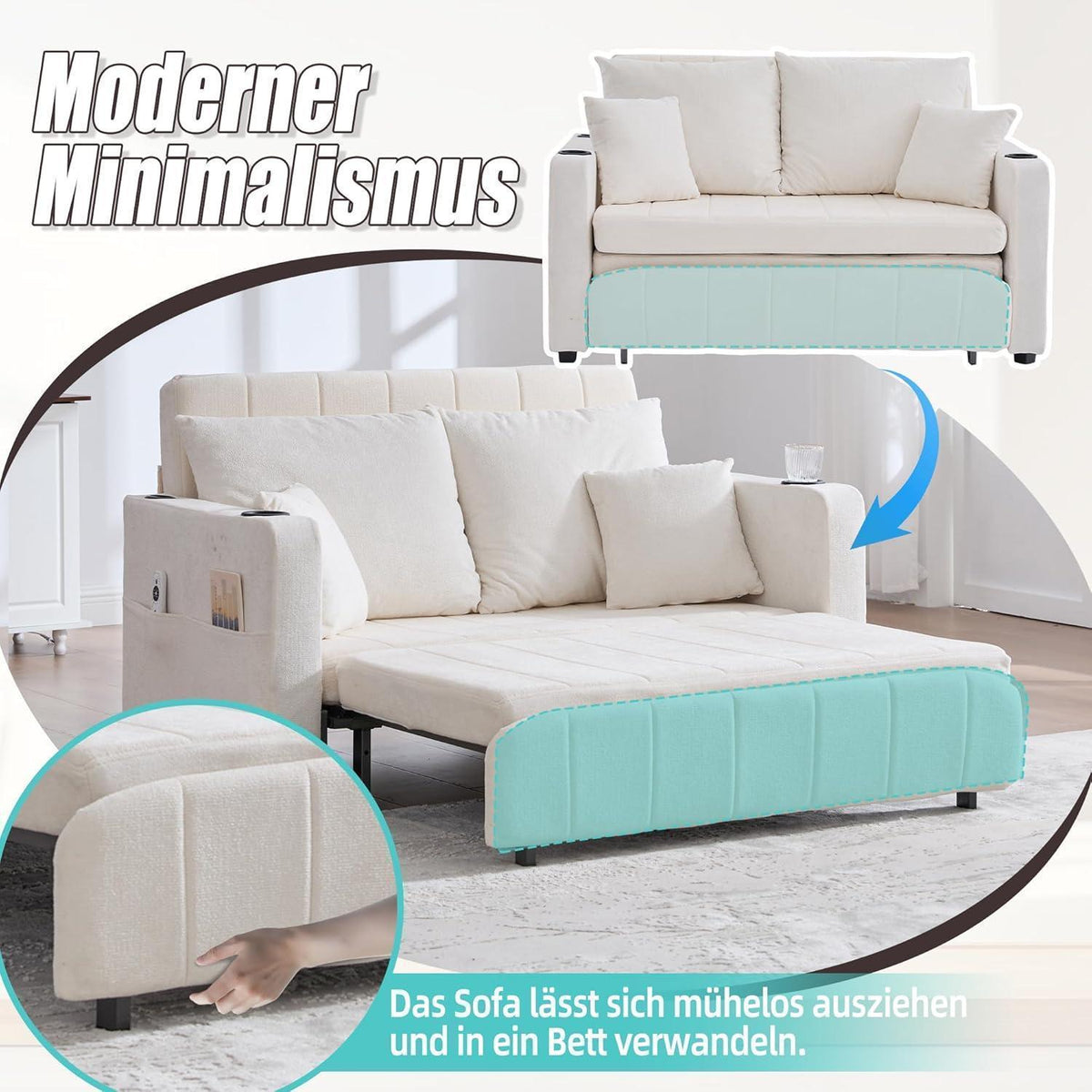 Zweisitzer Sofa mit Schlaffunktion & Aufbewahrung, Beige