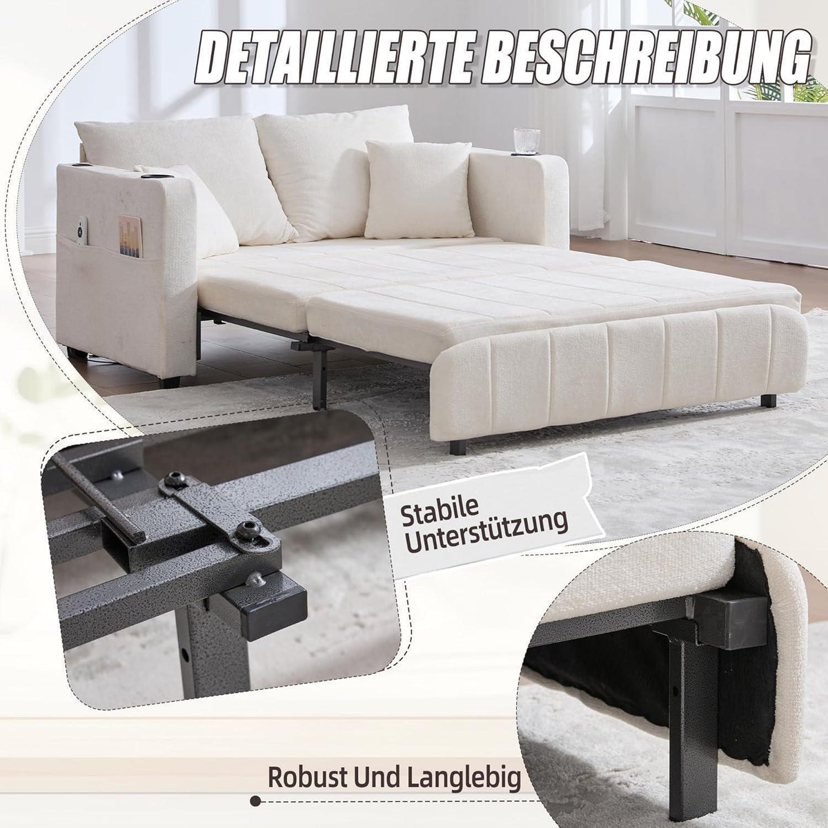 Zweisitzer Sofa mit Schlaffunktion & Aufbewahrung, Beige