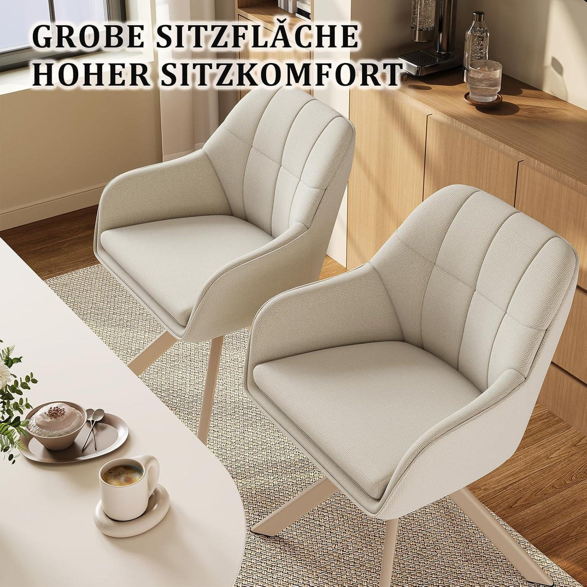 Drehbarer Esszimmerstuhl Set (2x) mit Armlehne – Beige