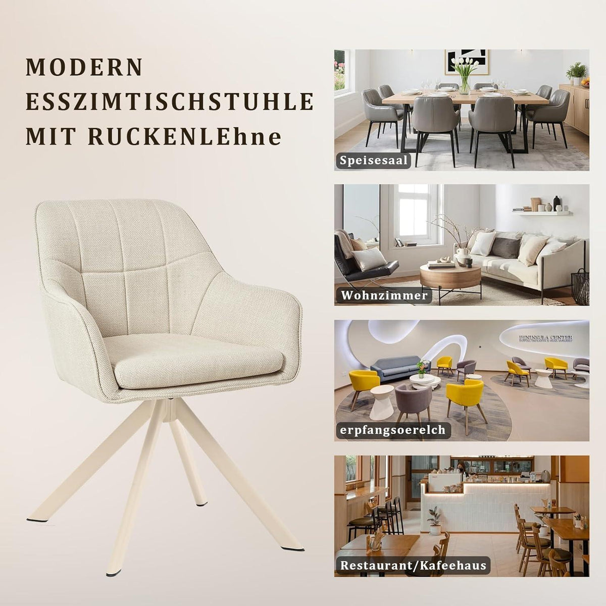 Drehbarer Esszimmerstuhl Set 4er – Beiges Metallgestell & Leinenbezug