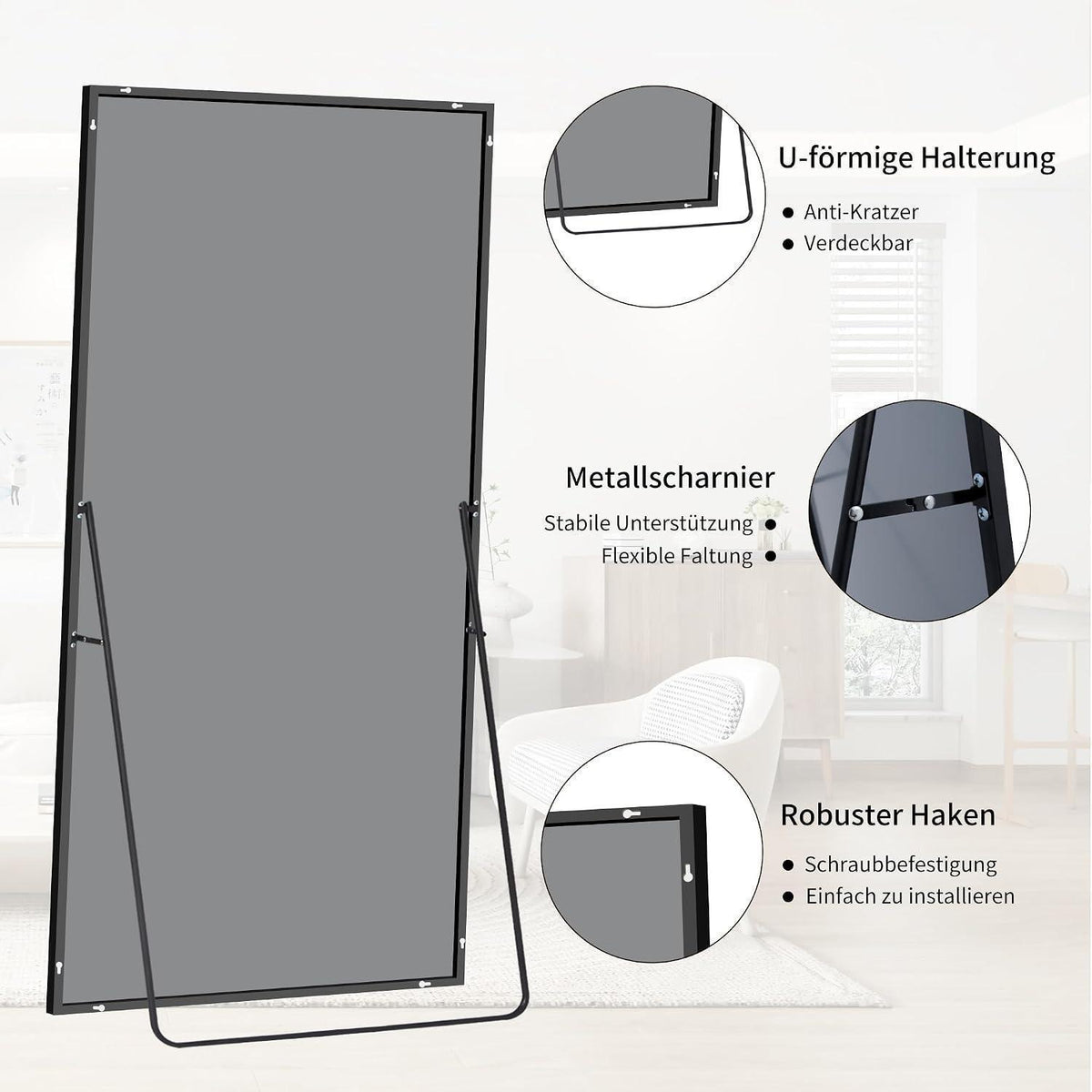 Ganzkörperspiegel 203x91cm – Stand- & Wandspiegel mit Schwarzrahmen