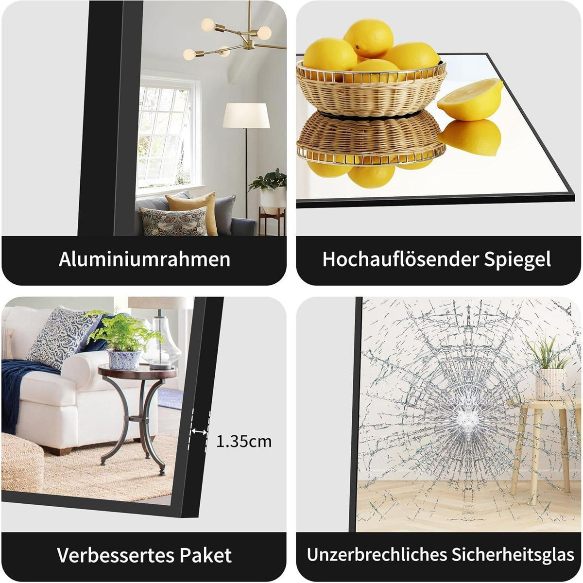 Großer Standspiegel 180x86cm mit schwarzem Aluminiumrahmen