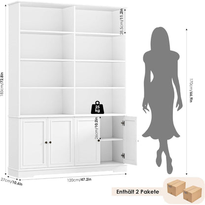 Bücherregal 185cm mit Türen & Fächern – Weißes Holzregal
