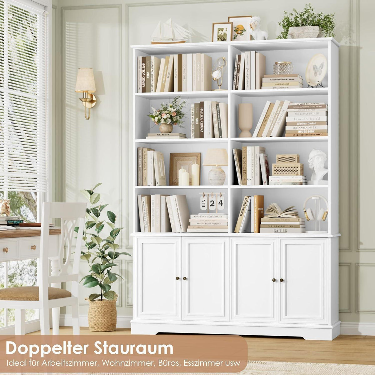 Bücherregal 185cm mit Türen & Fächern – Weißes Holzregal