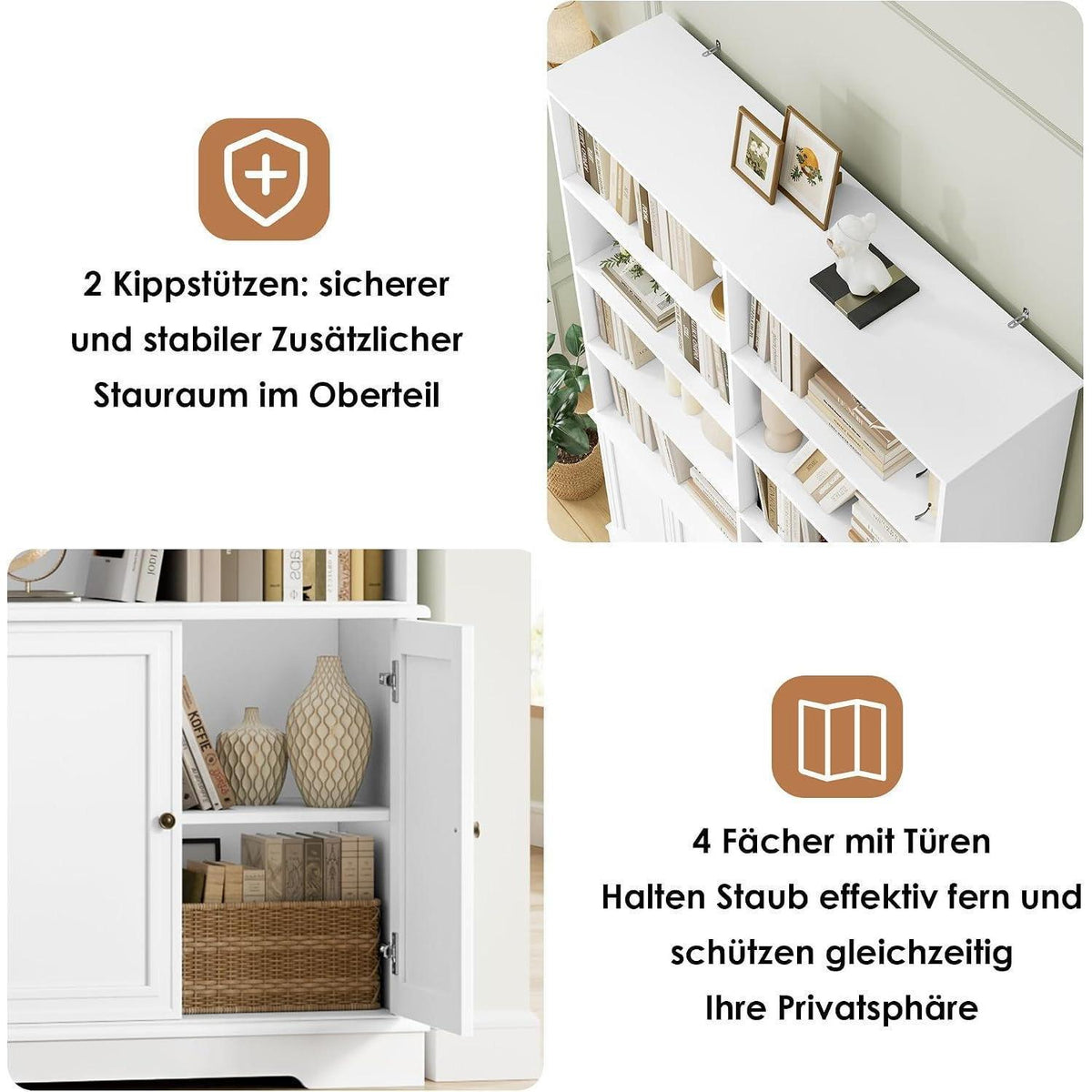 Bücherregal 185cm mit Türen & Fächern – Weißes Holzregal
