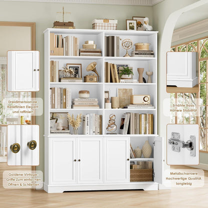 Bücherregal 185cm mit Türen & Fächern – Weißes Holzregal