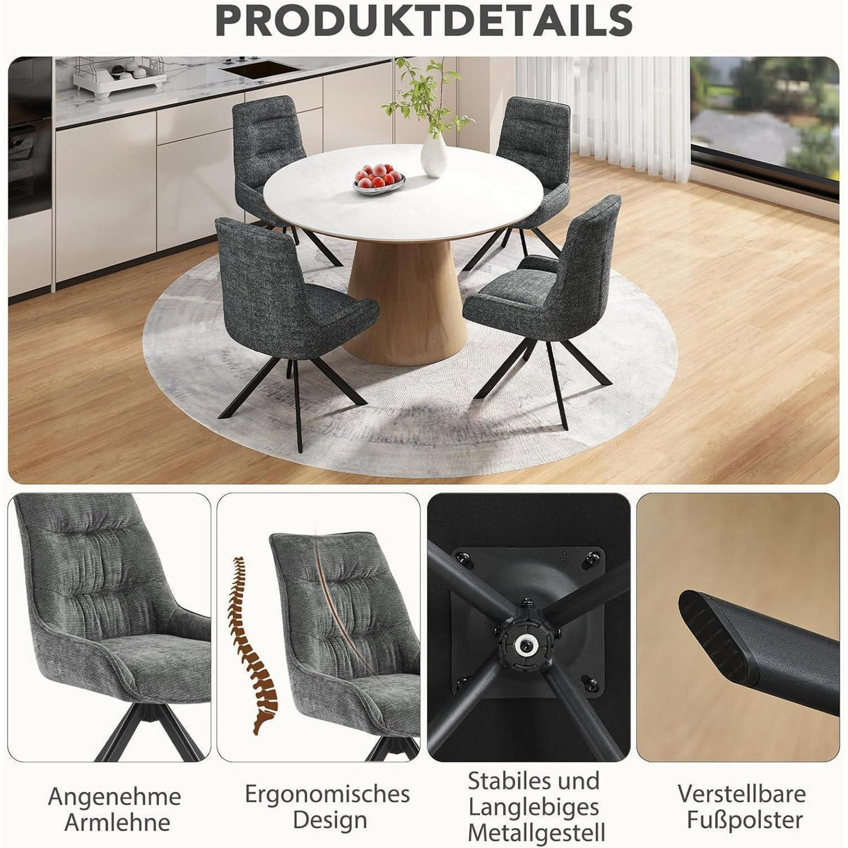 Drehbarer Esszimmerstuhl Set, Dunkelgrau - Chenille Polsterstuhl 2er Set
