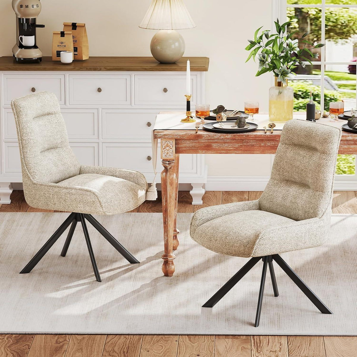 Drehbarer Esszimmerstuhl Set, Chenille, Beige