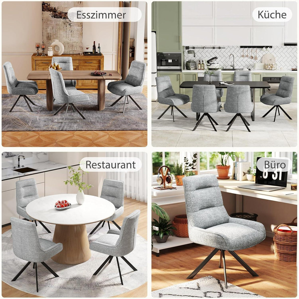 Drehstuhl Esszimmer Set 6er – Chenille Polsterstuhl 360° Drehbar
