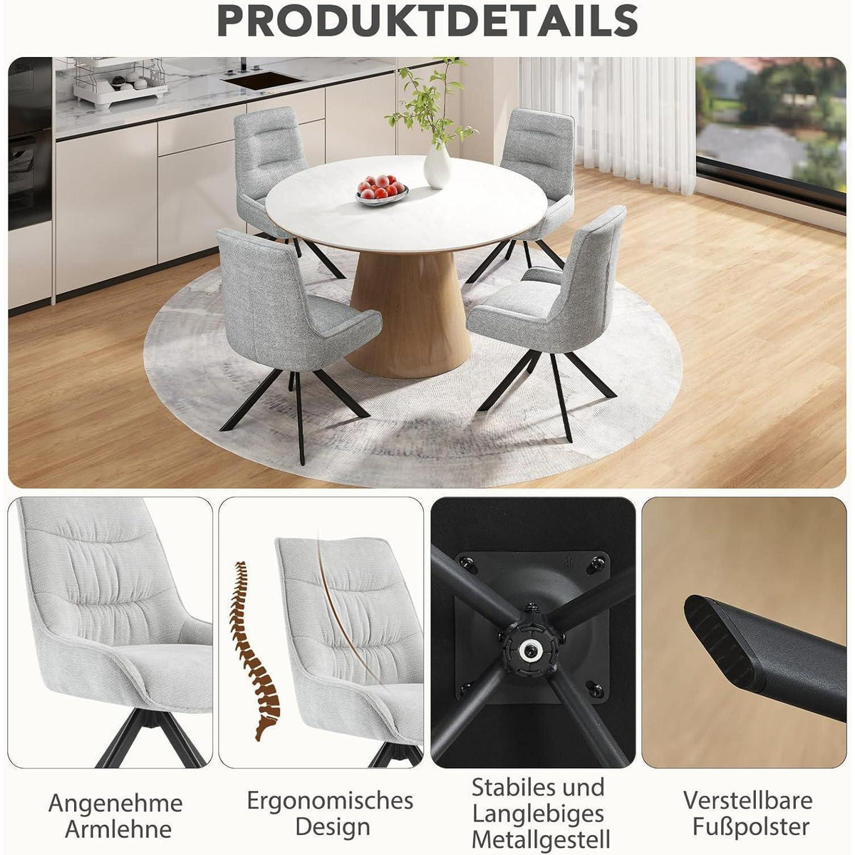 Drehstuhl Esszimmer Set 6er – Chenille Polsterstuhl 360° Drehbar