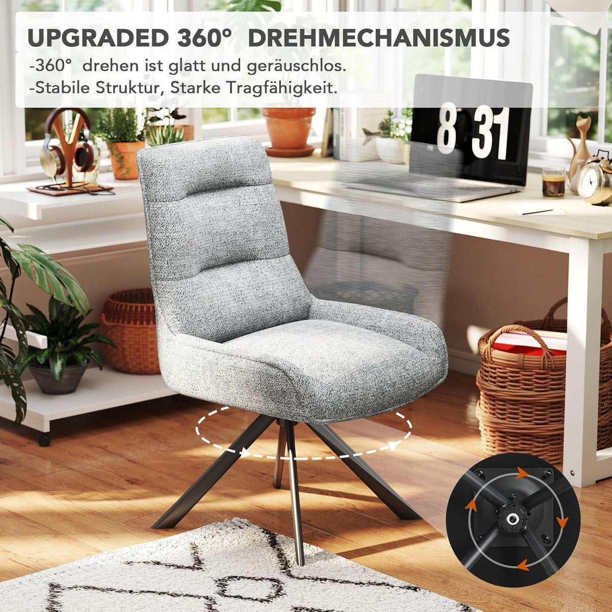 Drehbarer Esszimmerstuhl Set, Chenille, Hellgrau, 4 Stück