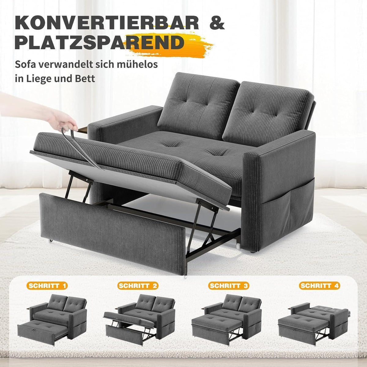 Schlafsofa mit Klapptisch & Verstelllehne – Grau