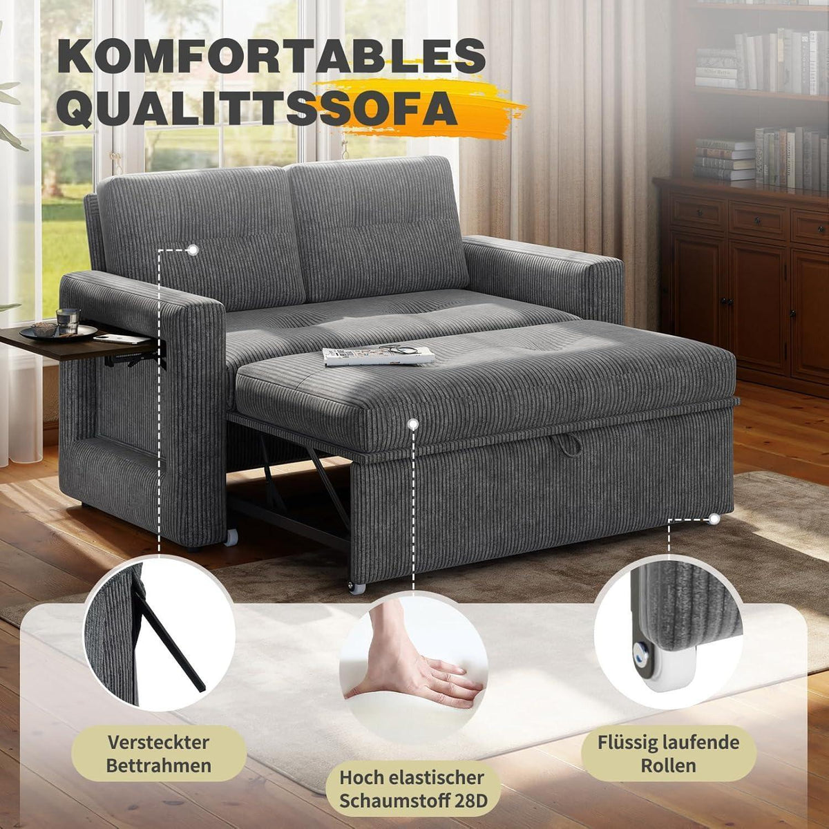 Schlafsofa mit Klapptisch & Verstelllehne – Grau