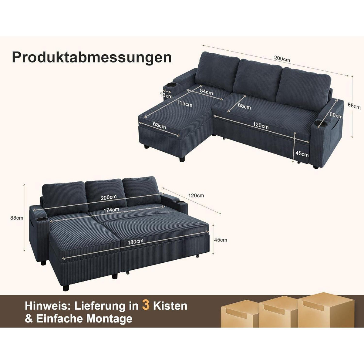 Devoko Ecksofa mit Schlaffunktion & Bettkasten, Blauschwarz