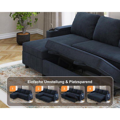 Devoko Ecksofa mit Schlaffunktion & Bettkasten, Blauschwarz