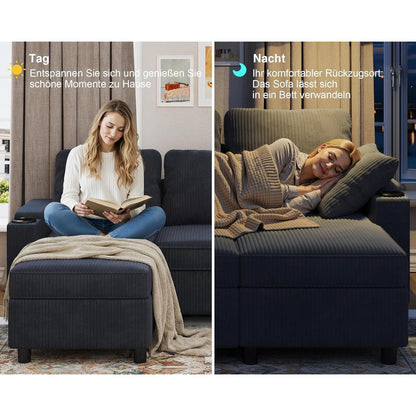 Devoko Ecksofa mit Schlaffunktion & Bettkasten, Blauschwarz