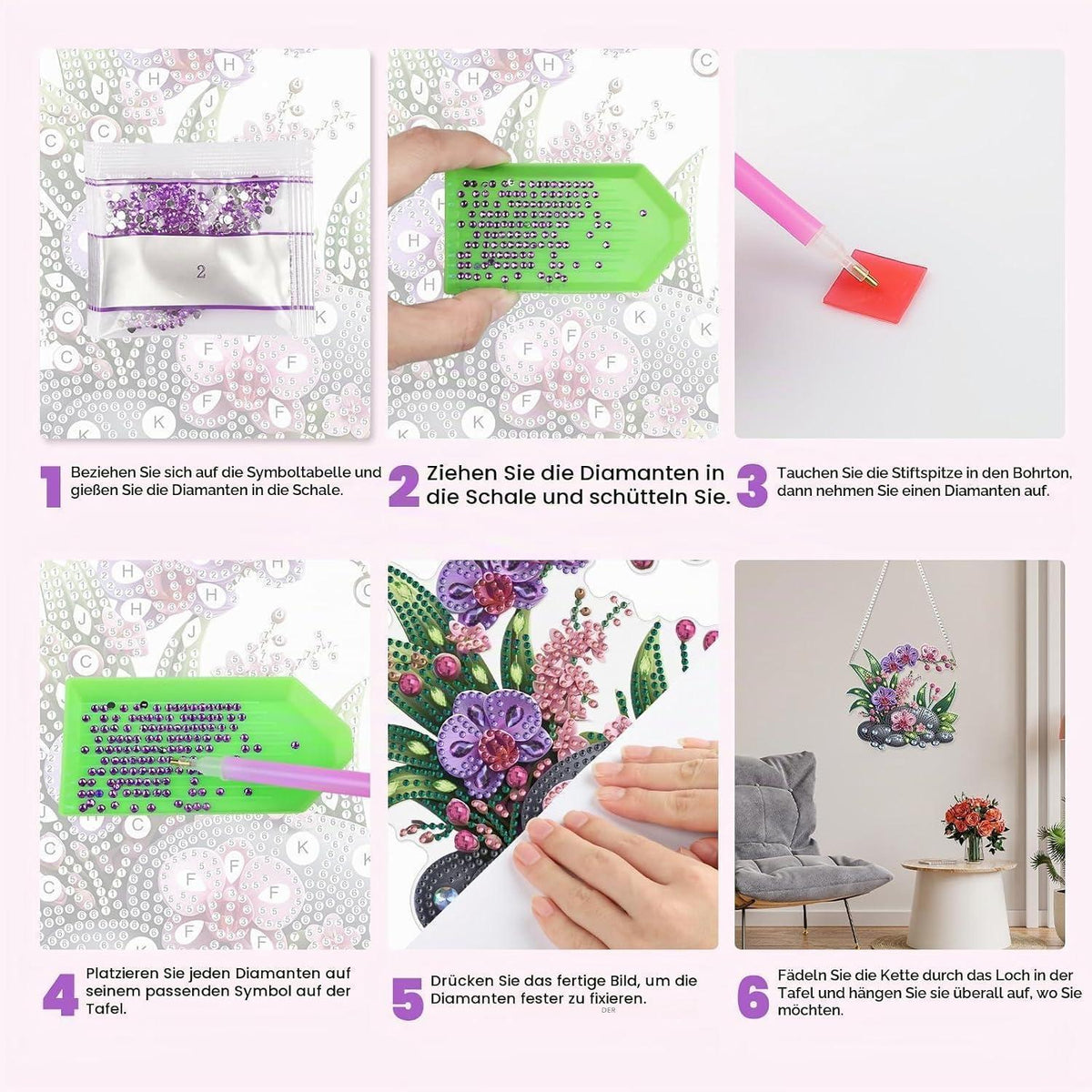 DIY Orchideen Diamantmalerei Set mit Kette – Hängendes Fensterbild 20x20cm