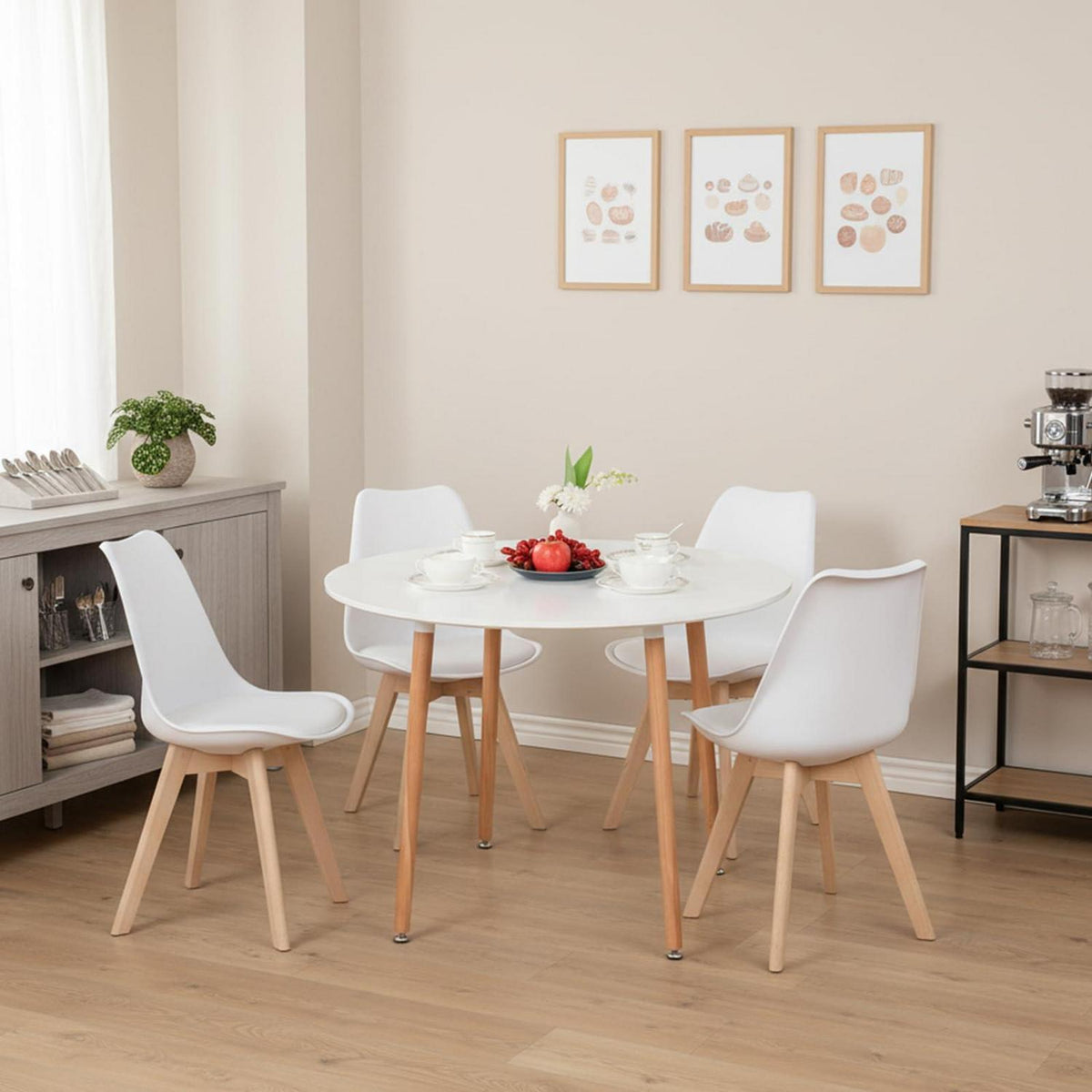 Esstisch Set skandinavisch mit 4 Stühlen – Weiß & Buche