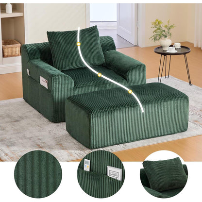 Übergroßer Cord Sessel mit Fußhocker & Seitentaschen – Smaragd