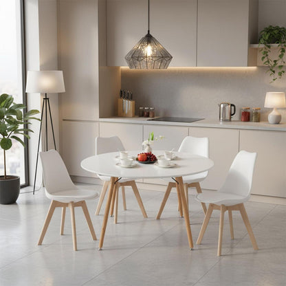 Esstisch Set 120cm Weiß mit 4 Buche Stühlen