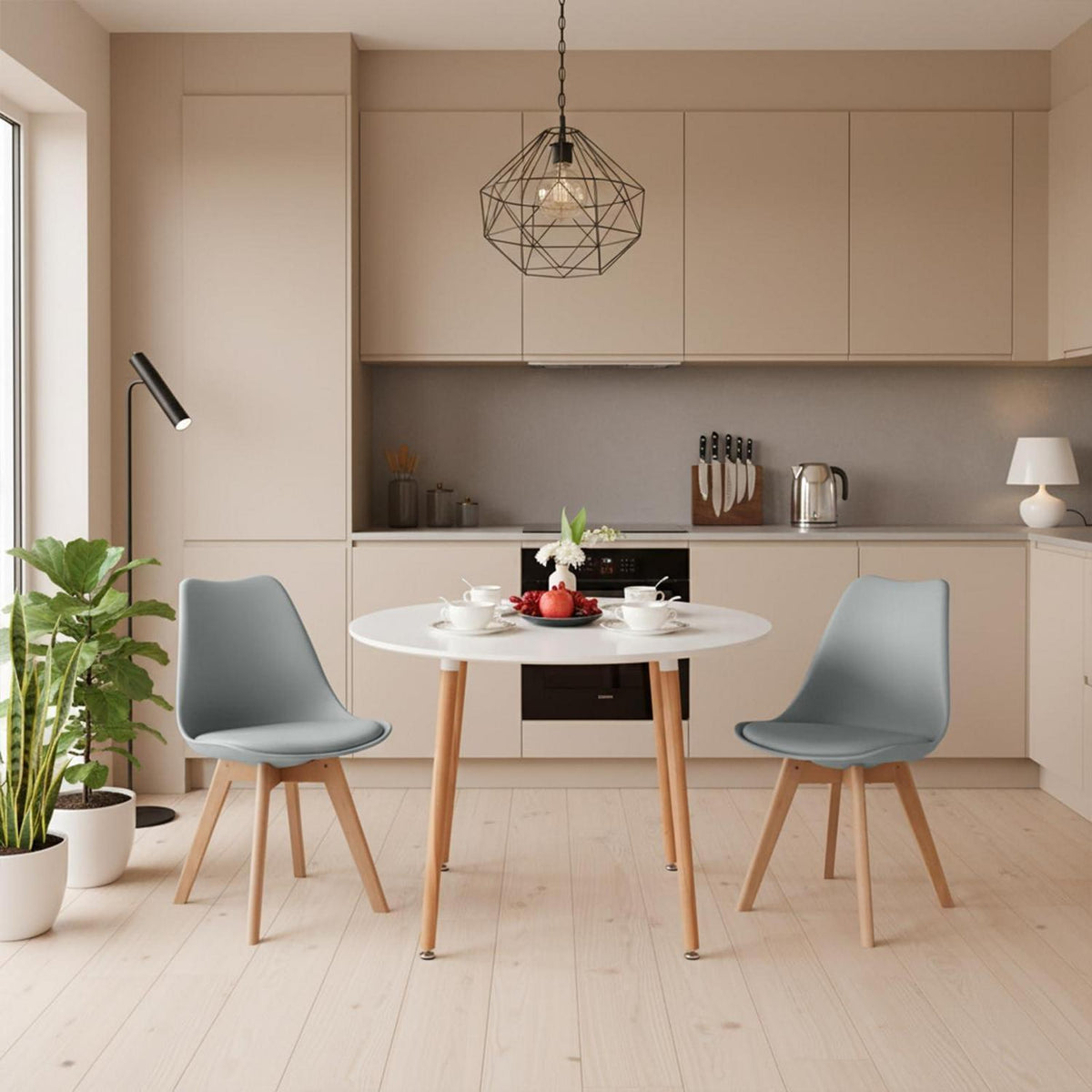 Esstisch Set 100cm Holz mit 2 Grau Skandinavischen Stühlen